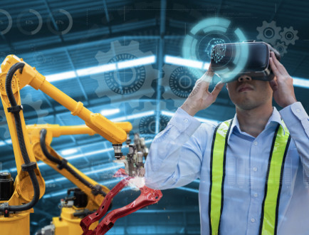 Une personne utilisant un appareil de réalité virtuelle dans un environnement industriel. 