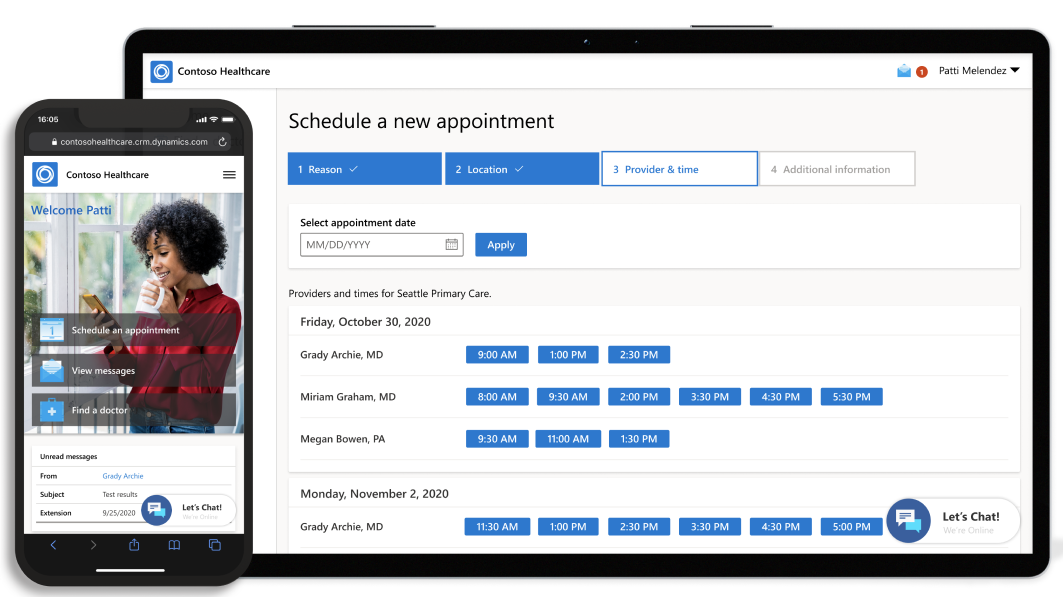 The welcome screen on the Contoso Healthcare app on a mobile phone and the screen to schedule a new appointment on a tablet.