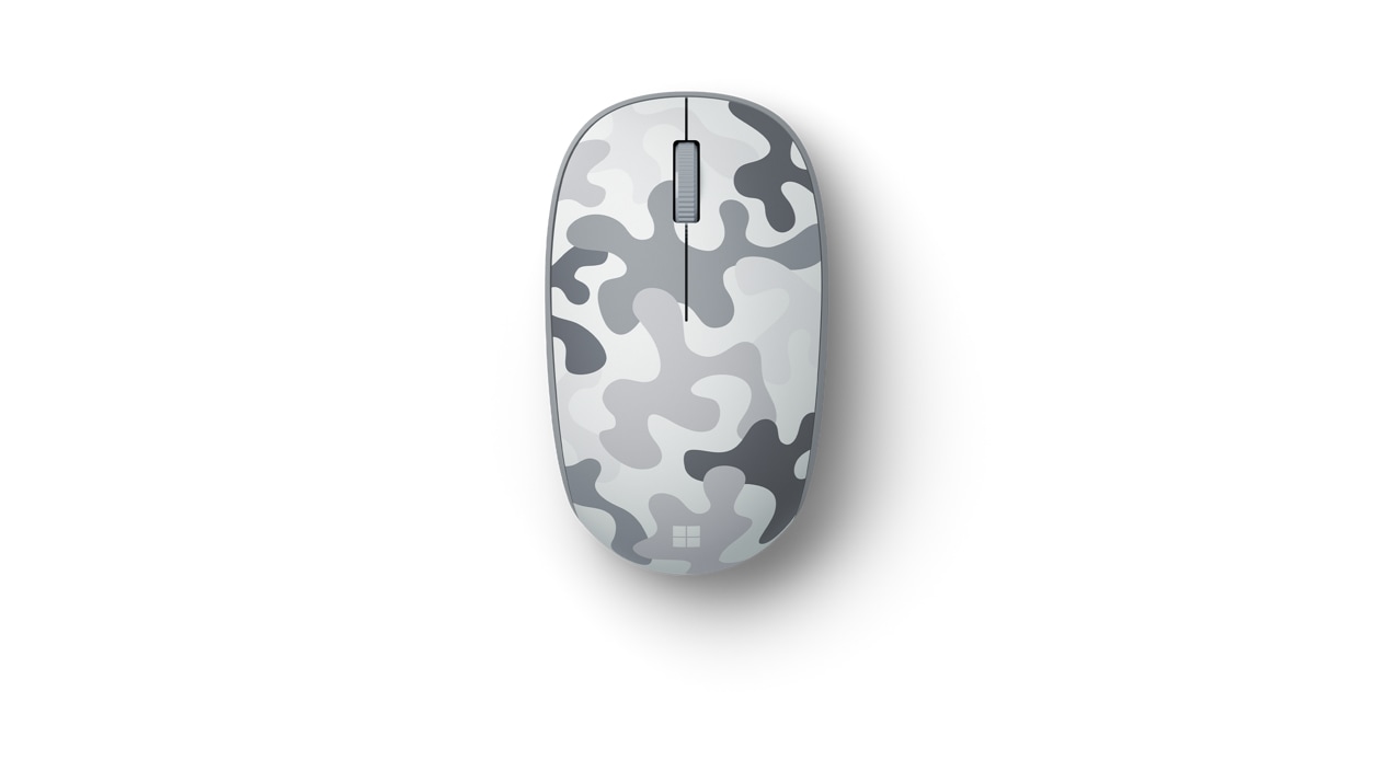 Top down view of Arctic Camo mouse in different shades of white and grey.