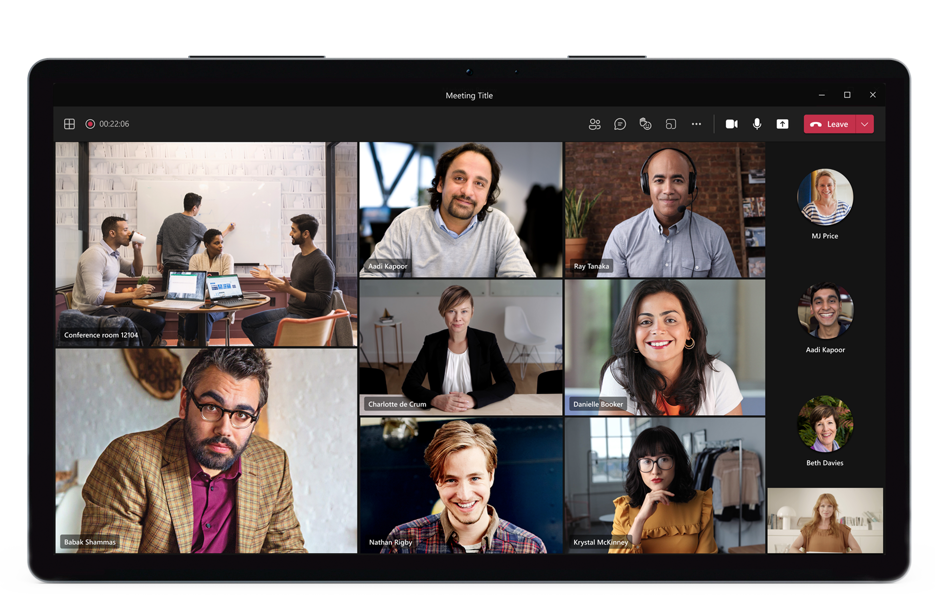 A video call on Microsoft Teams with some employees participating from a conference room and some participants joining from home.