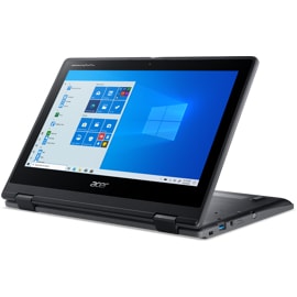 Acer TravelMate Spin laptop in tabletop mode facing the left with Windows on screen