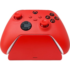 Controller Gear Pulse Red Xbox Charging Stand from the front with an Xbox Wireless Controller.
