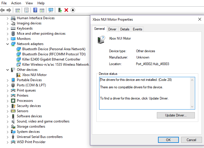 Windows 10/ 7 unable to find driver Xbox NUI Motor - Microsoft Community